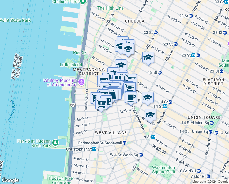 map of restaurants, bars, coffee shops, grocery stores, and more near 41 Jane Street in New York