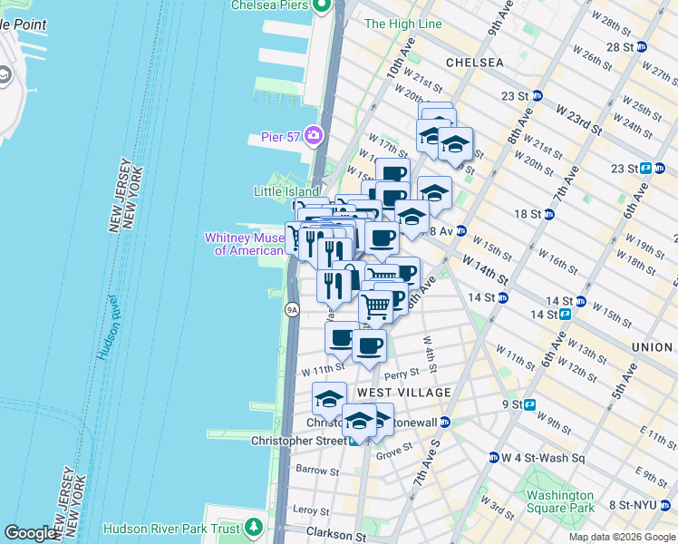 map of restaurants, bars, coffee shops, grocery stores, and more near 809 Washington Street in New York
