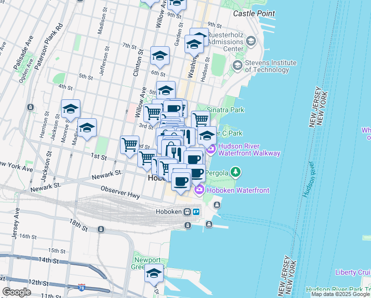 map of restaurants, bars, coffee shops, grocery stores, and more near 205 Hudson Street in Hoboken