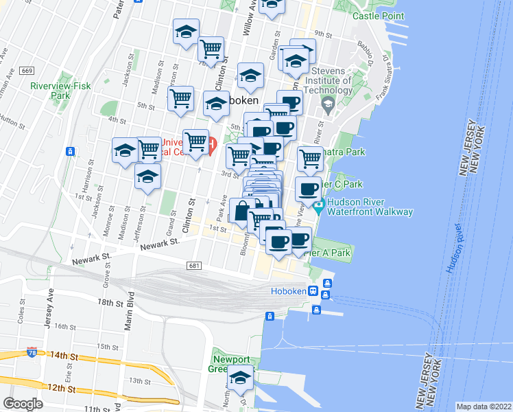 map of restaurants, bars, coffee shops, grocery stores, and more near 128 Washington Street in Hoboken