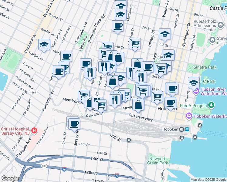 map of restaurants, bars, coffee shops, grocery stores, and more near 92 Jefferson Street in Hoboken