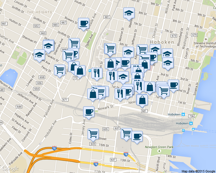 map of restaurants, bars, coffee shops, grocery stores, and more near 83 Monroe Street in Hoboken