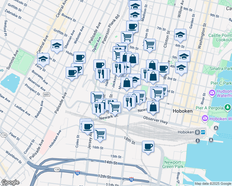 map of restaurants, bars, coffee shops, grocery stores, and more near 83 Monroe Street in Hoboken