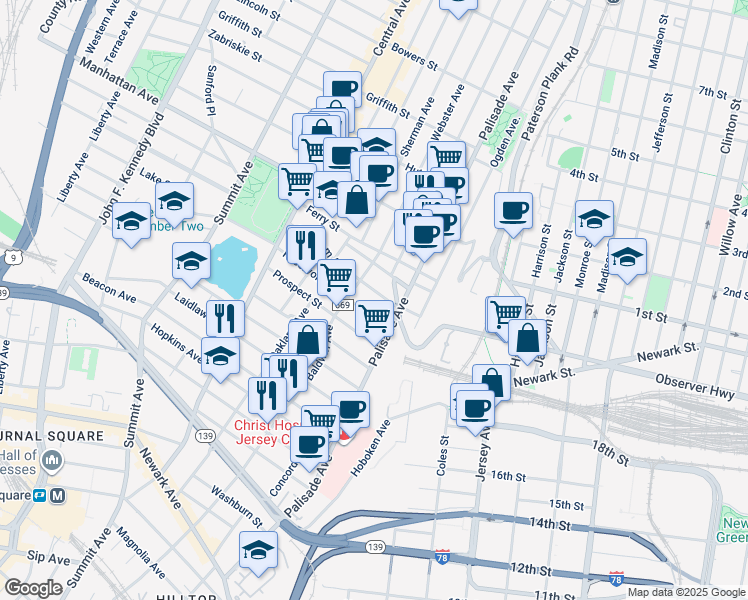 map of restaurants, bars, coffee shops, grocery stores, and more near 15 Reservoir Avenue in Jersey City