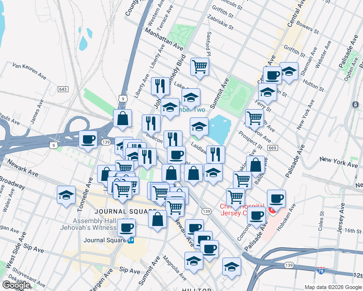 map of restaurants, bars, coffee shops, grocery stores, and more near in Jersey City