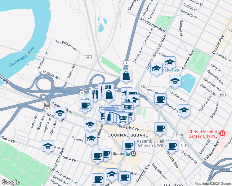 map of restaurants, bars, coffee shops, grocery stores, and more near 225 Tonnelle Avenue in Jersey City