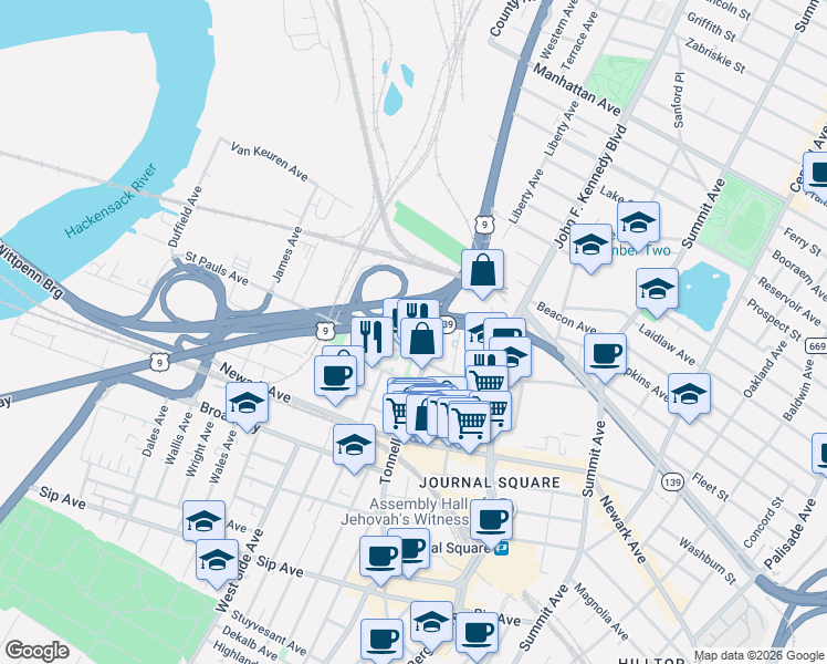 map of restaurants, bars, coffee shops, grocery stores, and more near 225 Tonnelle Avenue in Jersey City