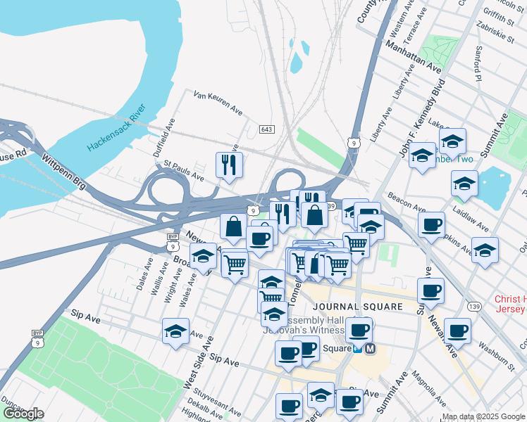 map of restaurants, bars, coffee shops, grocery stores, and more near 30 Dey Street in Jersey City