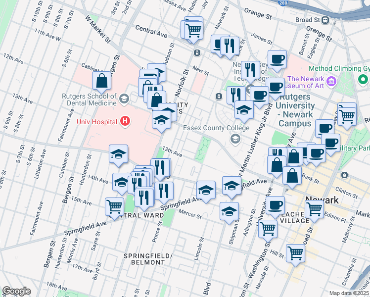 map of restaurants, bars, coffee shops, grocery stores, and more near 107 13th Avenue in Newark