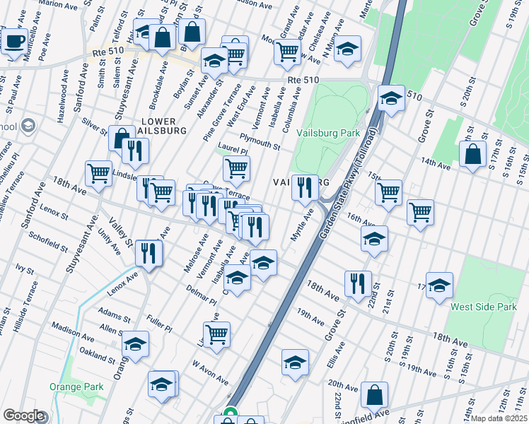 map of restaurants, bars, coffee shops, grocery stores, and more near 193 Columbia Avenue in Irvington