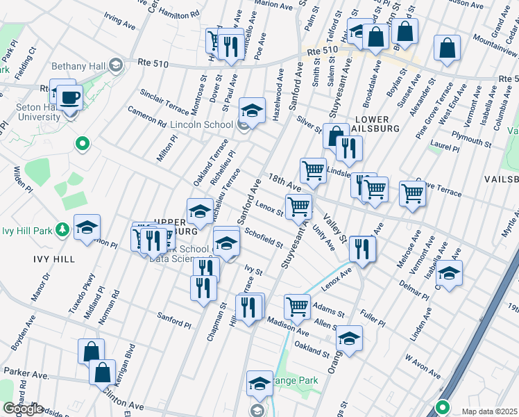 map of restaurants, bars, coffee shops, grocery stores, and more near 130 Underwood Street in Newark
