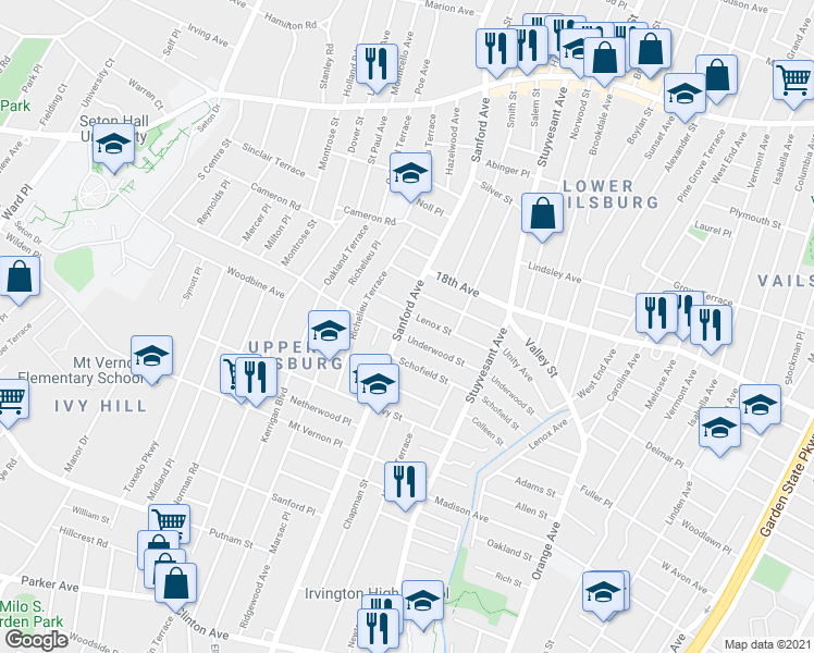 map of restaurants, bars, coffee shops, grocery stores, and more near 130 Underwood Street in Newark