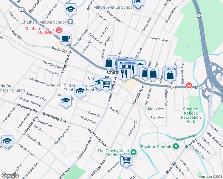 map of restaurants, bars, coffee shops, grocery stores, and more near 6 2nd Street in Chatham