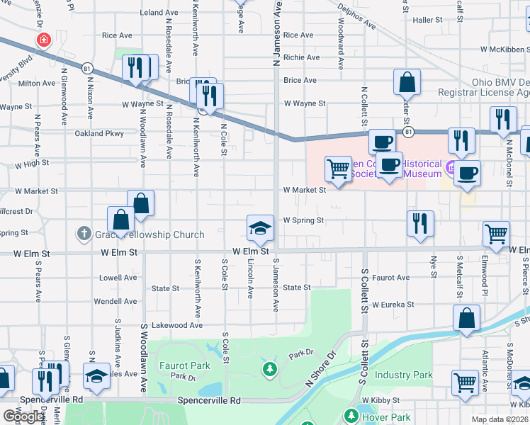 map of restaurants, bars, coffee shops, grocery stores, and more near 941 West Spring Street in Lima