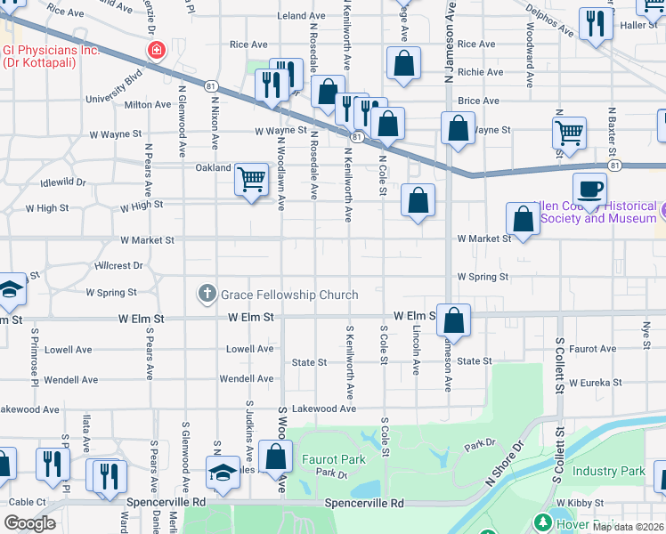 map of restaurants, bars, coffee shops, grocery stores, and more near 1231 West Spring Street in Lima