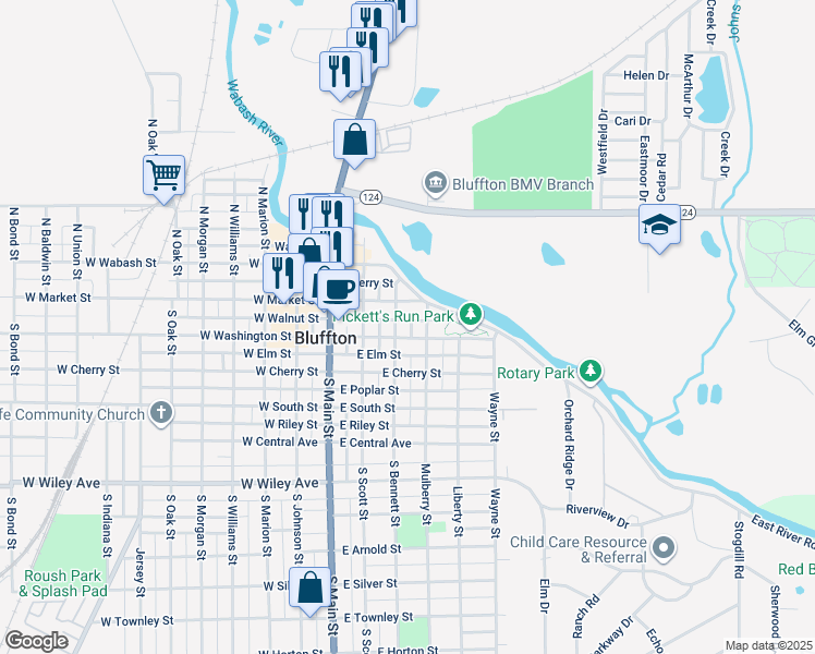 map of restaurants, bars, coffee shops, grocery stores, and more near 310 East Washington Street in Bluffton