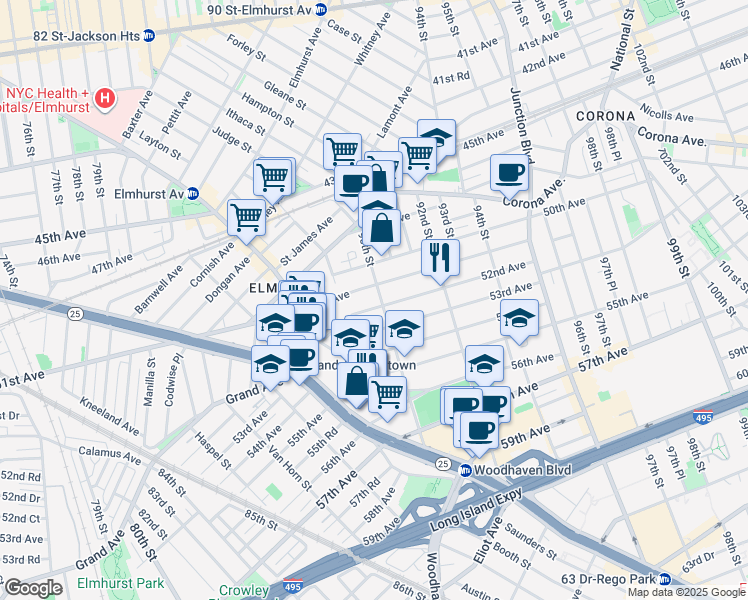 map of restaurants, bars, coffee shops, grocery stores, and more near 52-09 90th Street in Queens