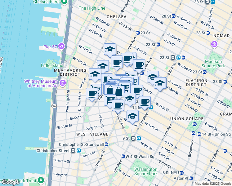map of restaurants, bars, coffee shops, grocery stores, and more near 219 West 13th Street in New York