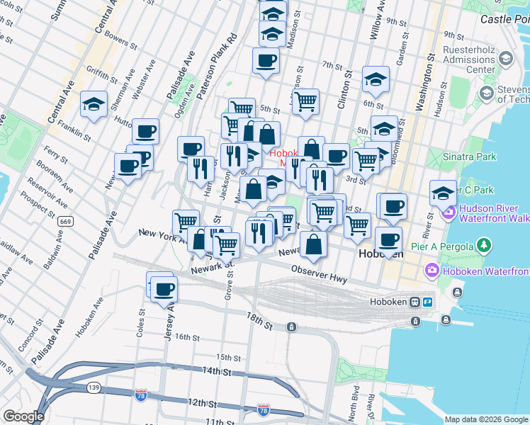 map of restaurants, bars, coffee shops, grocery stores, and more near 92 Jefferson Street in Hoboken