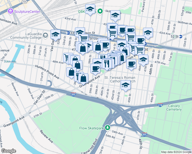 map of restaurants, bars, coffee shops, grocery stores, and more near 39-21 Greenpoint Avenue in Queens