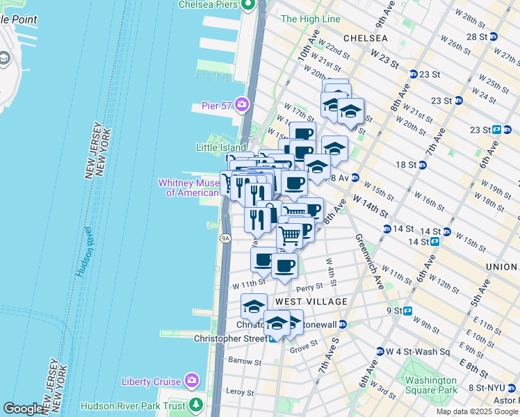 map of restaurants, bars, coffee shops, grocery stores, and more near 809 Washington Street in New York