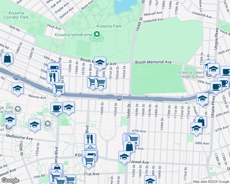 map of restaurants, bars, coffee shops, grocery stores, and more near 161-17 Horace Harding Expressway in Queens