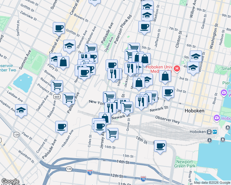 map of restaurants, bars, coffee shops, grocery stores, and more near 100 Paterson Avenue in Hoboken