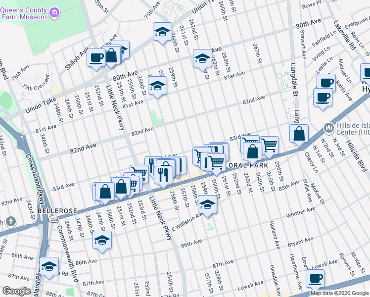 map of restaurants, bars, coffee shops, grocery stores, and more near 83-12 259th Street in Queens