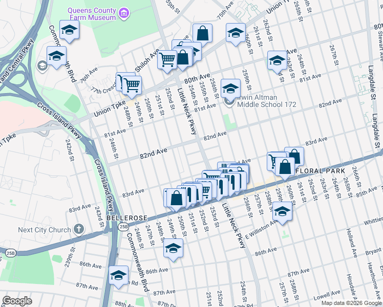 map of restaurants, bars, coffee shops, grocery stores, and more near 252-15 82nd Drive in Queens