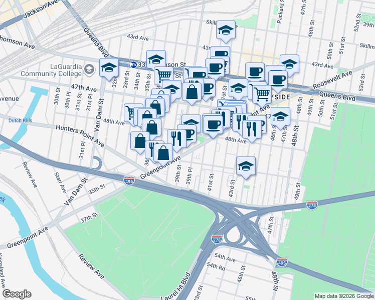 map of restaurants, bars, coffee shops, grocery stores, and more near 39-21 Greenpoint Avenue in Queens