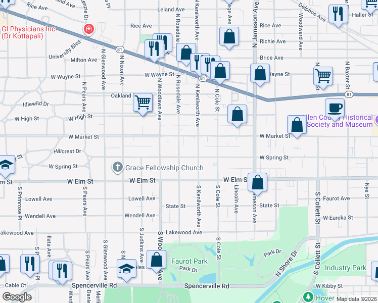 map of restaurants, bars, coffee shops, grocery stores, and more near 1231 West Spring Street in Lima