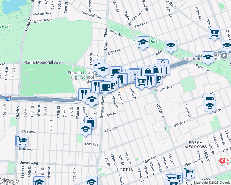 map of restaurants, bars, coffee shops, grocery stores, and more near 182-12 Horace Harding Expressway in Queens