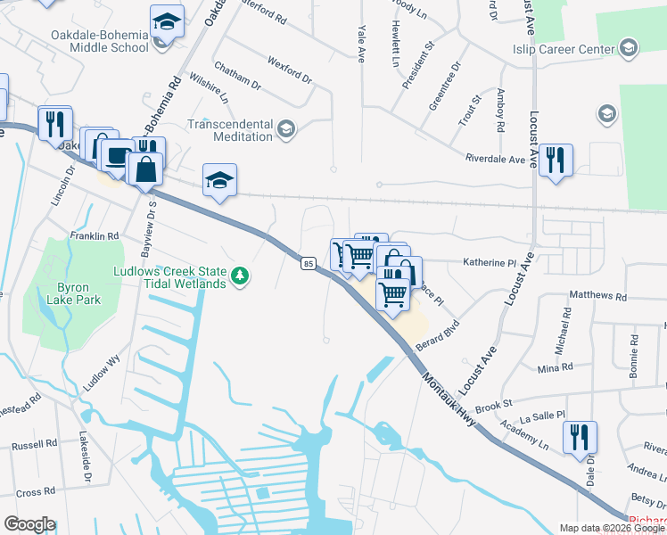 map of restaurants, bars, coffee shops, grocery stores, and more near 940 Montauk Highway in Oakdale
