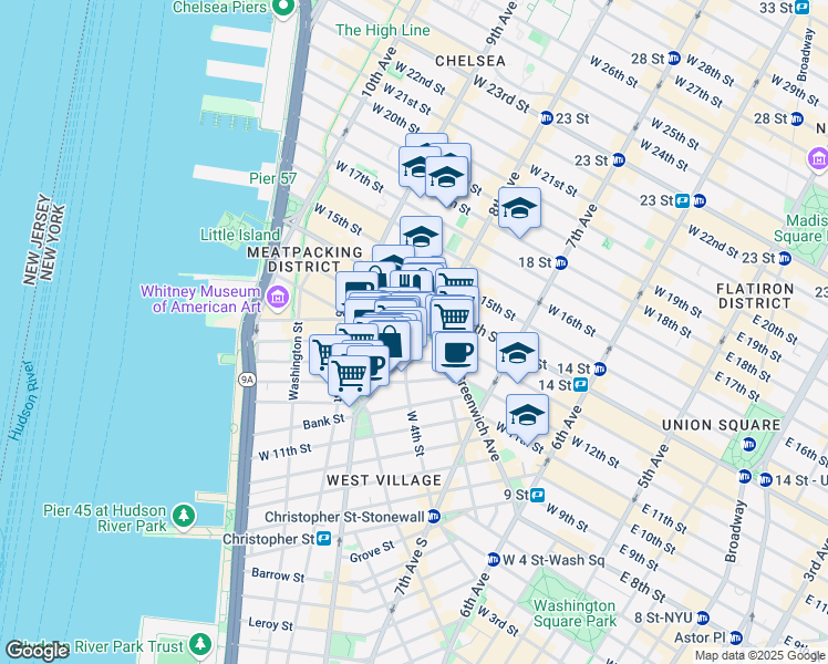 map of restaurants, bars, coffee shops, grocery stores, and more near 51 - 63 8th Avenue in New York