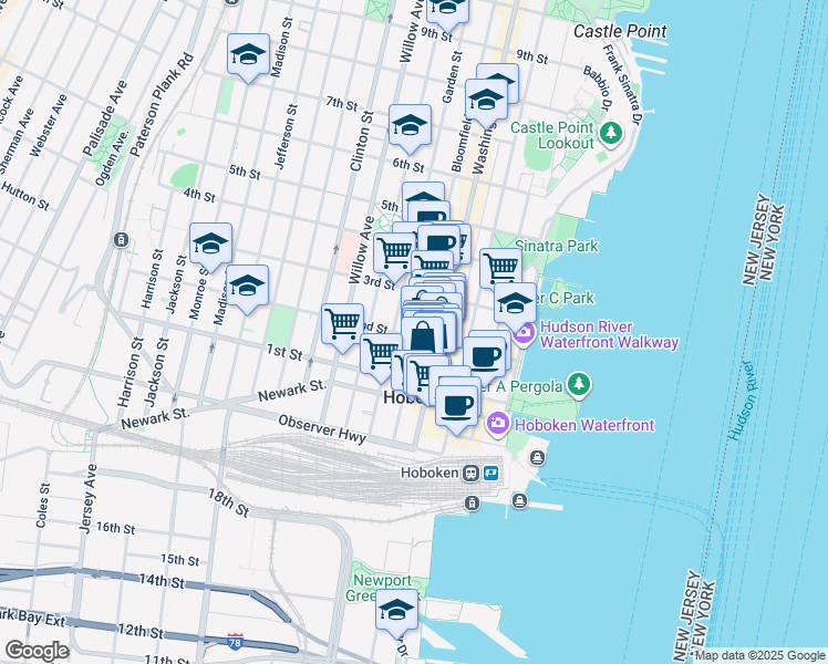 map of restaurants, bars, coffee shops, grocery stores, and more near 128 Washington Street in Hoboken