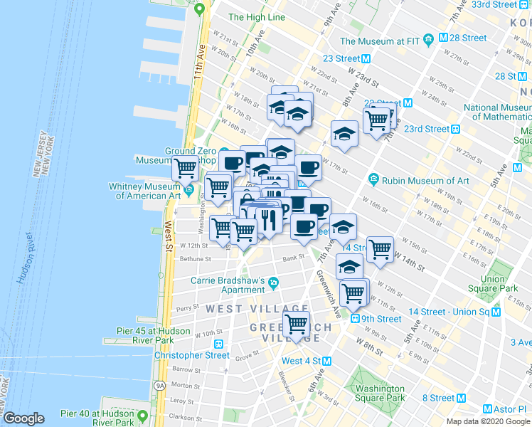 map of restaurants, bars, coffee shops, grocery stores, and more near 320 West 13th Street in New York