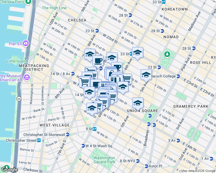 map of restaurants, bars, coffee shops, grocery stores, and more near 116 West 16th Street in New York