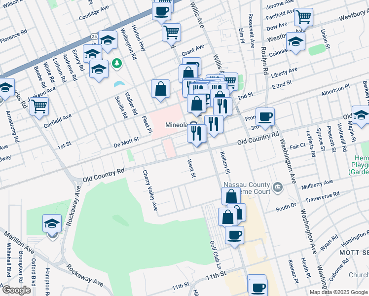 map of restaurants, bars, coffee shops, grocery stores, and more near 1 3rd Avenue in Mineola