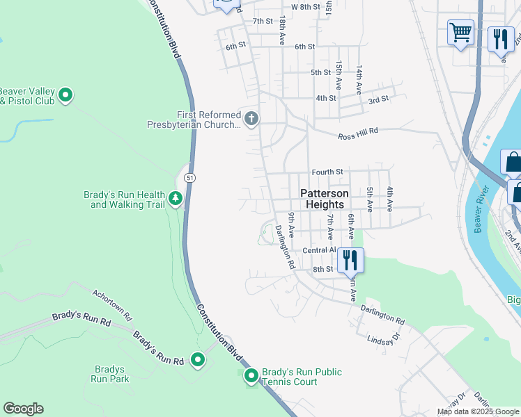 map of restaurants, bars, coffee shops, grocery stores, and more near 116 Saint Tropez Circle in Beaver Falls