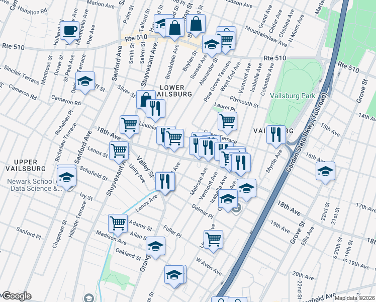 map of restaurants, bars, coffee shops, grocery stores, and more near 927 18th Avenue in Newark