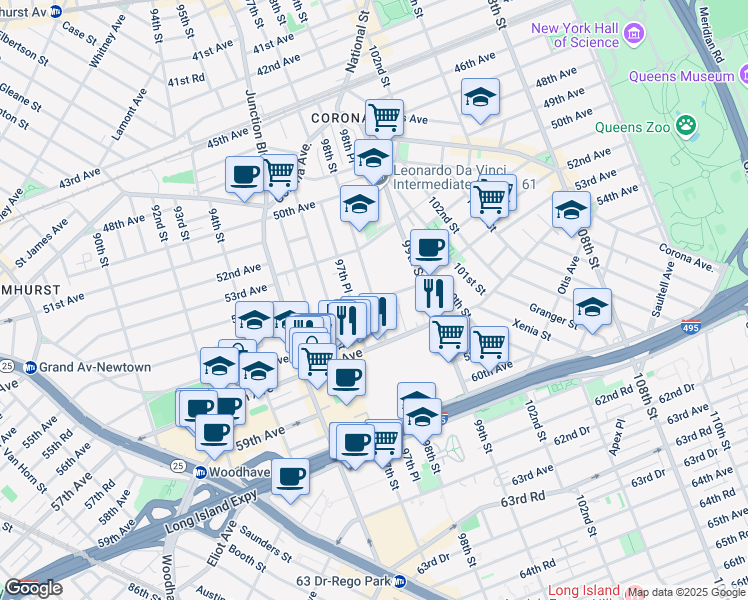 map of restaurants, bars, coffee shops, grocery stores, and more near 55-14 98th Street in Queens
