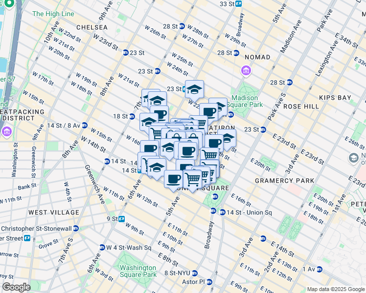 map of restaurants, bars, coffee shops, grocery stores, and more near 30 West 18th Street in New York