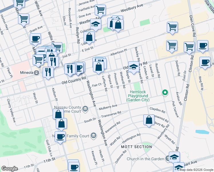 map of restaurants, bars, coffee shops, grocery stores, and more near 108 Lefferts Road in Garden City
