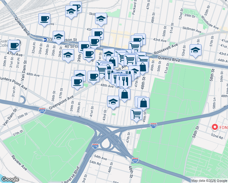 map of restaurants, bars, coffee shops, grocery stores, and more near 48-39 44th Street in Queens