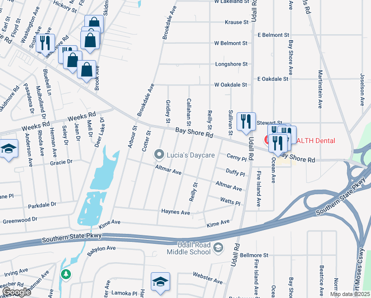 map of restaurants, bars, coffee shops, grocery stores, and more near 69 Penney Street in West Islip