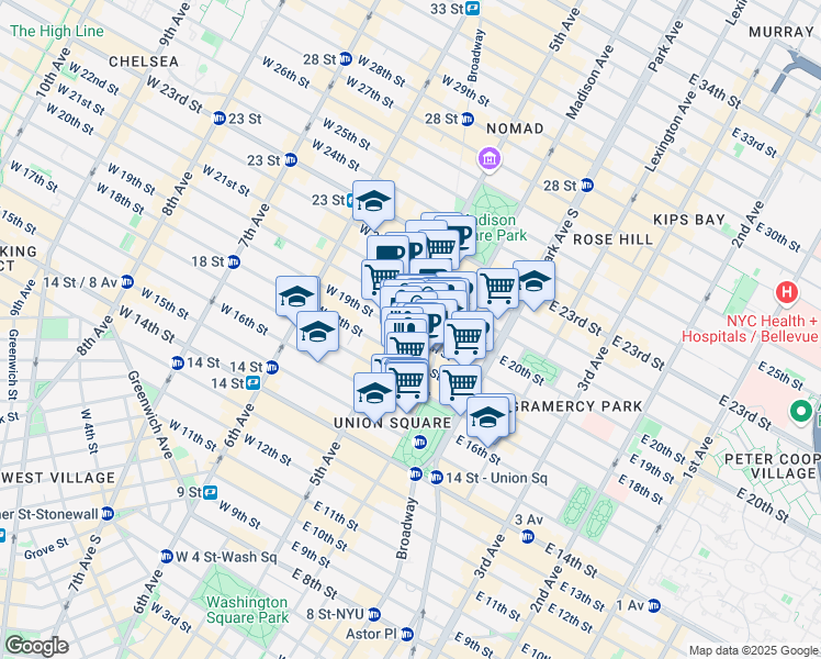 map of restaurants, bars, coffee shops, grocery stores, and more near 901 Broadway in New York