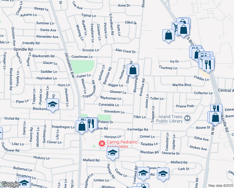 map of restaurants, bars, coffee shops, grocery stores, and more near 34 Marksman Lane in Levittown