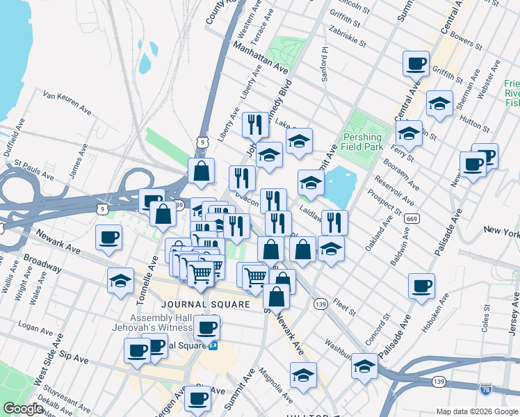 map of restaurants, bars, coffee shops, grocery stores, and more near 203 Hopkins Avenue in Jersey City