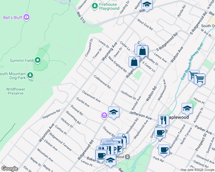 map of restaurants, bars, coffee shops, grocery stores, and more near 11 Hemlock Court in Maplewood