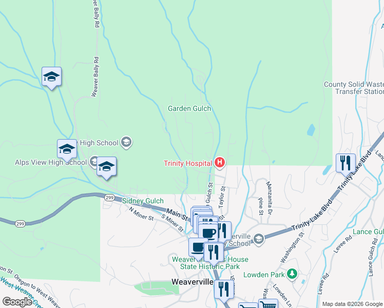 map of restaurants, bars, coffee shops, grocery stores, and more near 300 Ridge Road in Weaverville